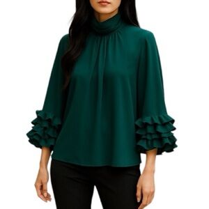 Vince Camuto Evergreen Crepe Pleated High Neck Ruffle Sleeve Blouse